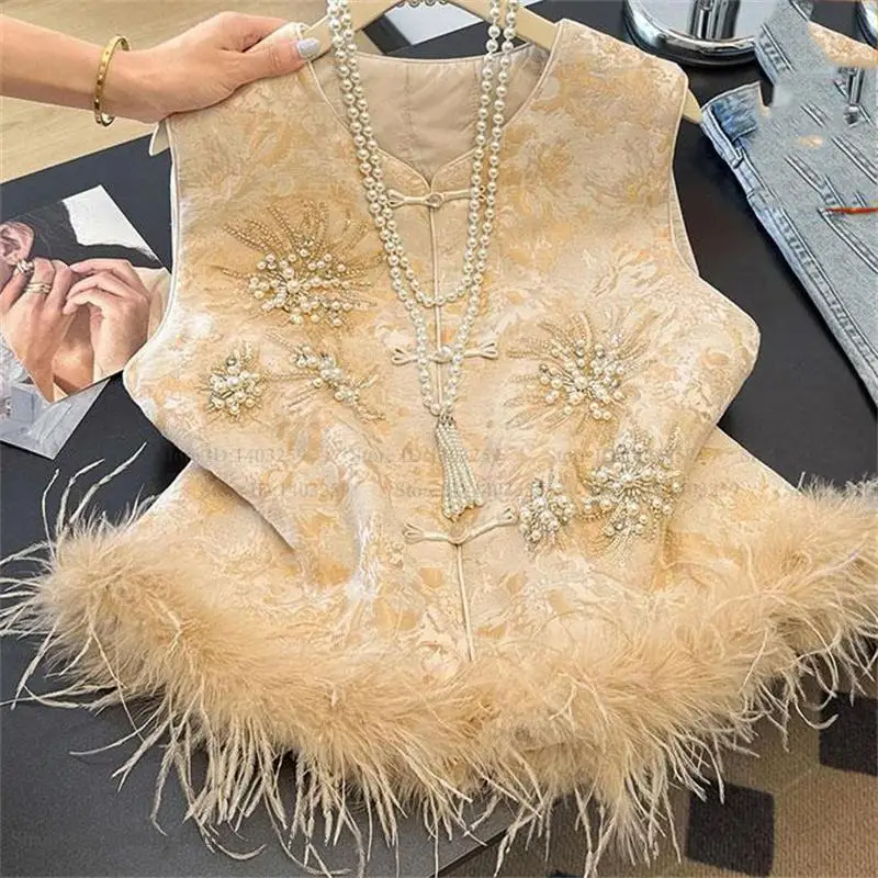 Luxury Feather Beaded Female Tang Clothes Top Qipao Vest Traditional Chinese Clothing Vintage Thicken Hanfu Waistcoat Jacket