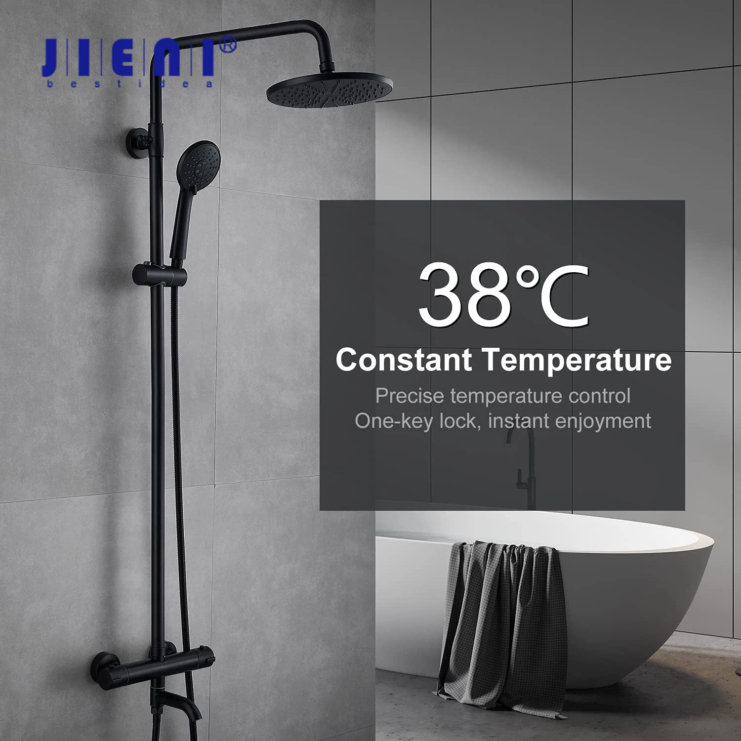 

JIENI Matte Black Thermostatic Bathroom Shower Set Rainfall Wall Mounted Shower System 3 Functions Brass Mixer Tap W/ Handshower