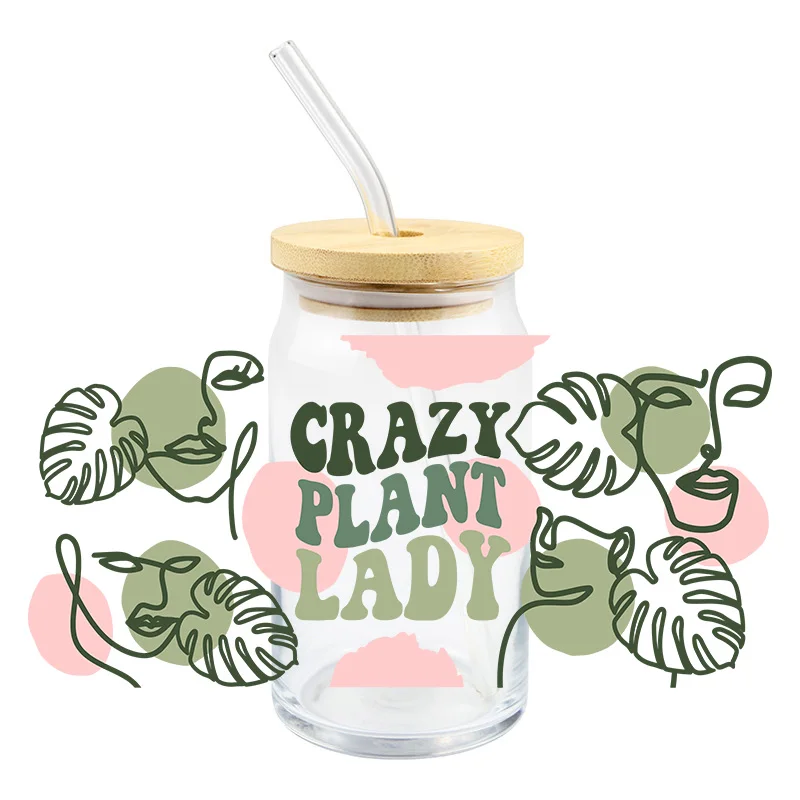 Green Turtle Back Leaves Uv Dtf Transfer Sticker 16Oz Glass Cups Diy Waterproof Crazy Plant Lady High Temperature Resistance