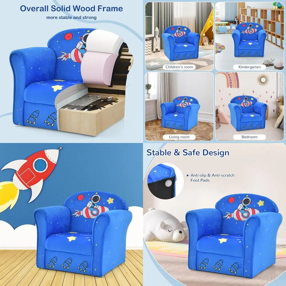 

Durable Wooden Toddler Sofa Chair with Cartoon Print, Upholstered Armchair for Kids' Playroom, Nursery, and Preschool, Perfect G