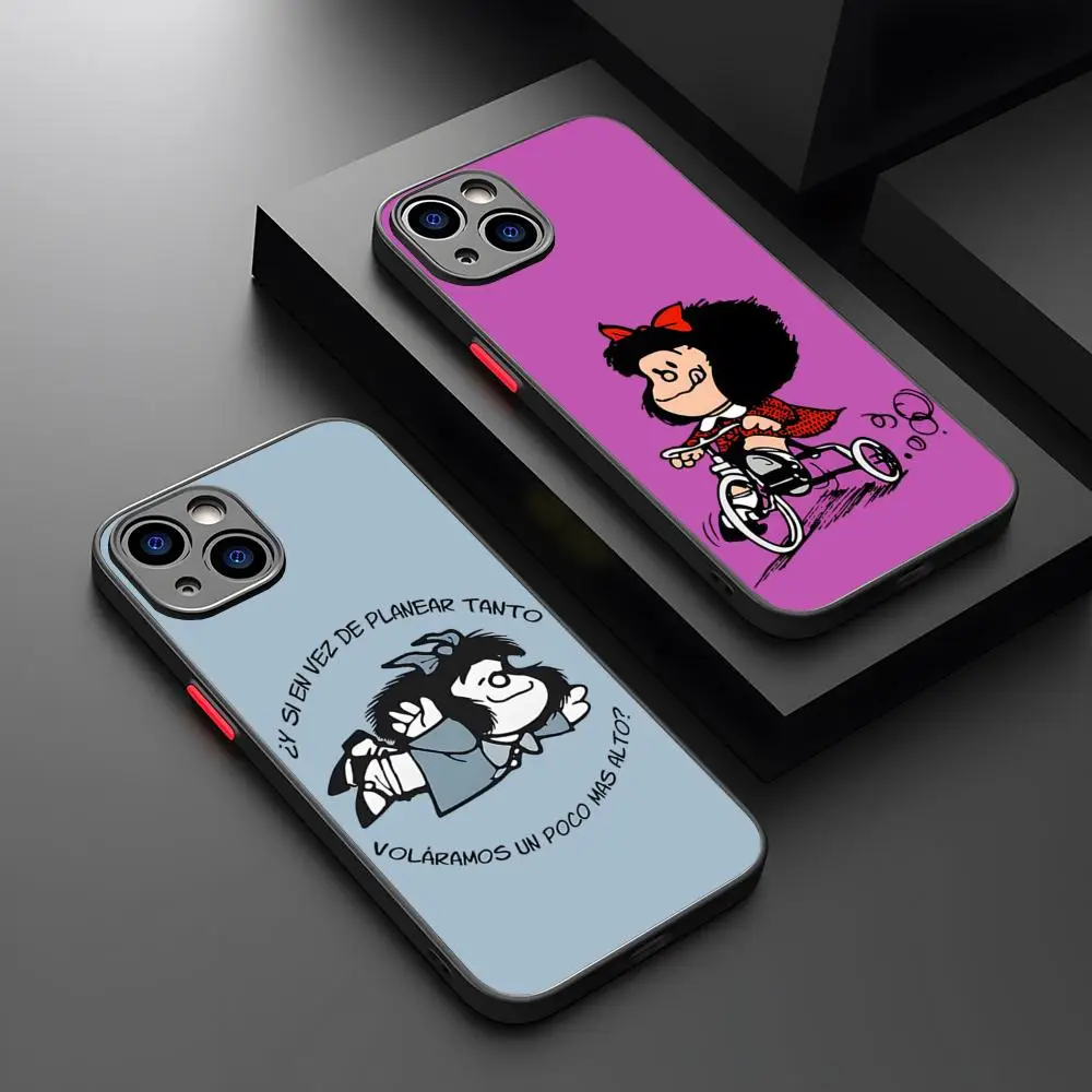 MINISO-Hot M-Mafalda Girl Phone Case Matte Transparent For 16 15 IPhone 12 11 13 Pro Max X XR 8 Plus Back Cover