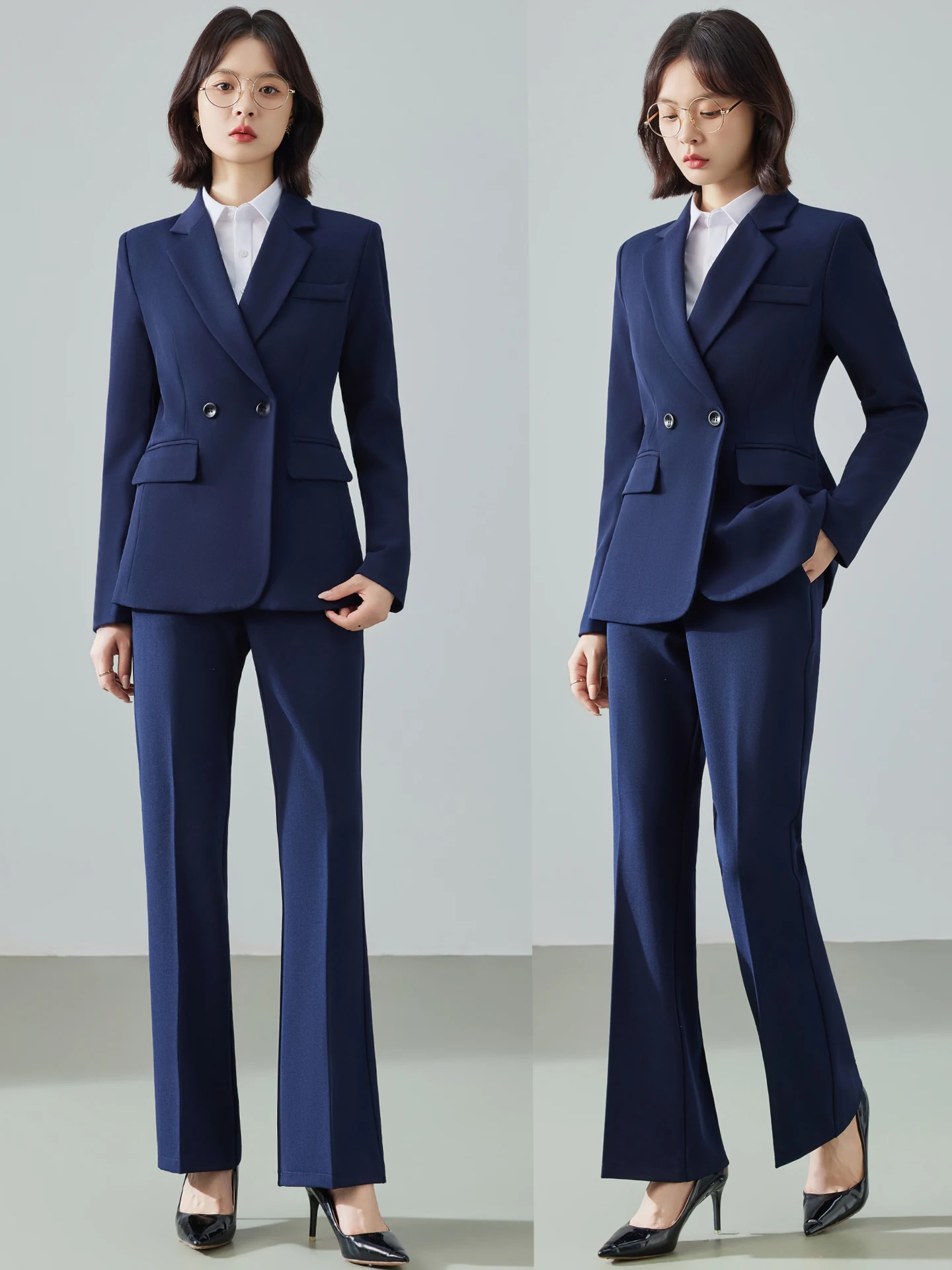 Women's Royal Blue Suit Set Professional Career Interview Outfit Fitted Waist Design Long Sleeve Polyester Fiber Anti-Wrinkle