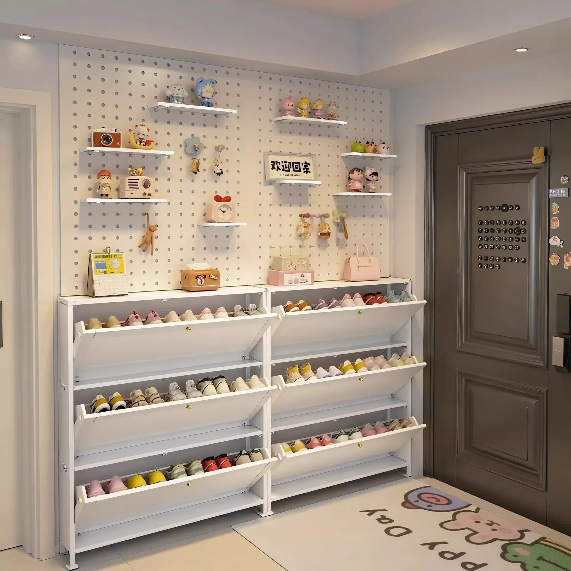 Ultra-thin tipping bucket shoe cabinet Steel entry porch cabinet Wall hanging and floor integrated large-capacity