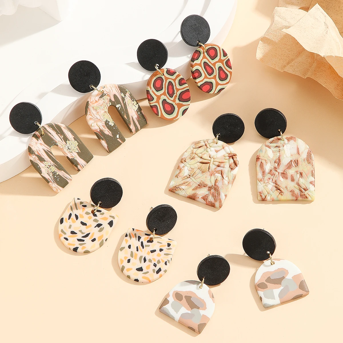 Boucles d'oreilles Boho géométriques en argile polymère, légères, faites à la main, arc rond imprimé abstrait, camouflage moucheté, feuille d'or, bijoux pendants
