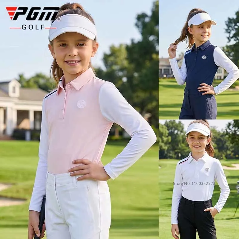 PGM Girls Boys Long Sleeve Golf T-shirt Summer Sunscreen Ice Silk Sports Tops Children Quick-dry Breathable Outdoor Polo Shirts
