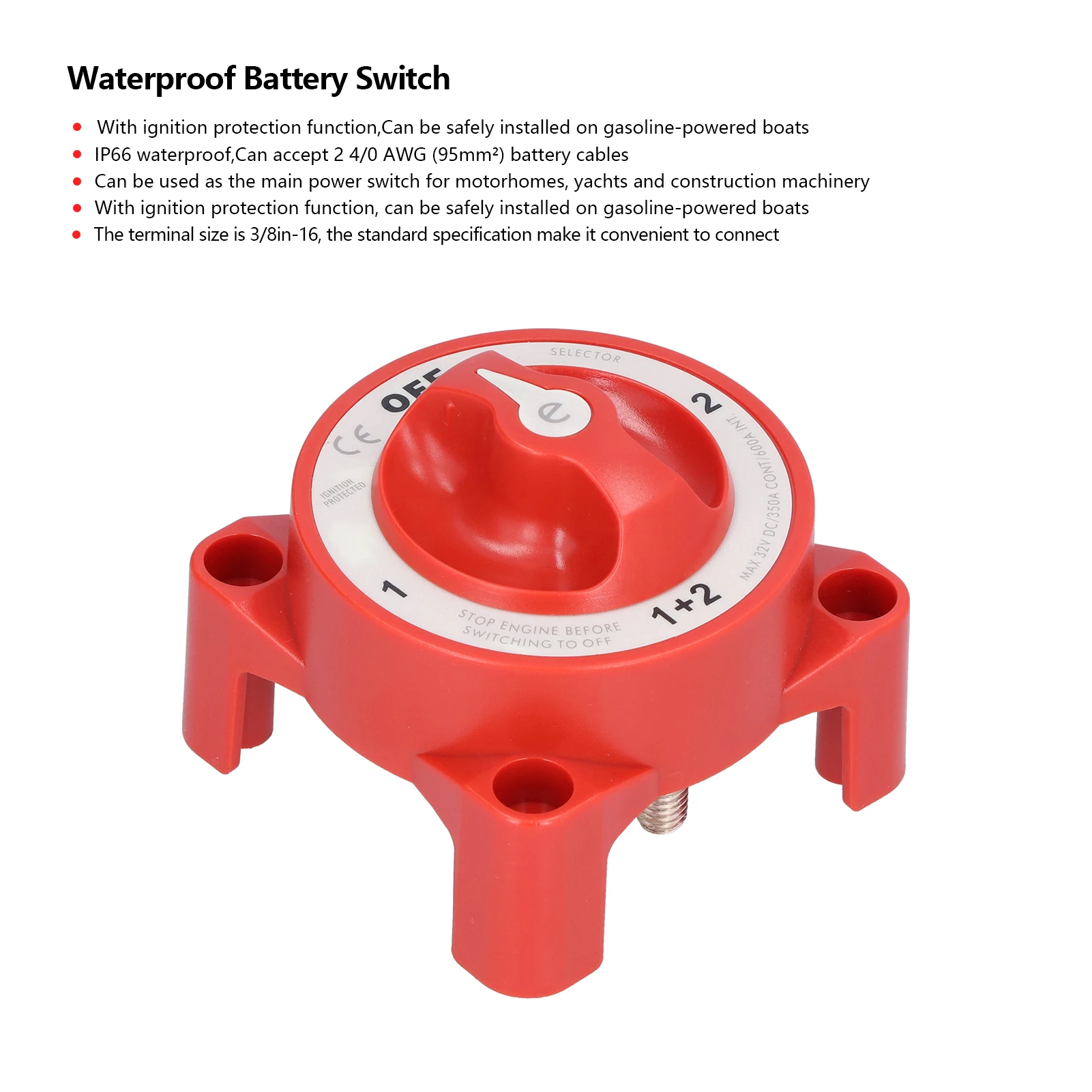 Battery Switch 4 Position 3/8in-16 Terminal IP66 Waterproof for Motorhomes 32V 350A
