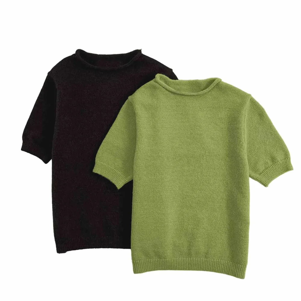 

women's temperament soft short sleeved round neck slim knit sweater spring new solid color short sleeved sweater