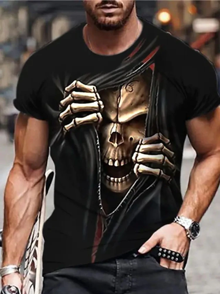 Summer New Mens T Shirts Oversized Loose Clothes Vintage Skull Short Sleeve Fashion Printed O Collared Tshirt