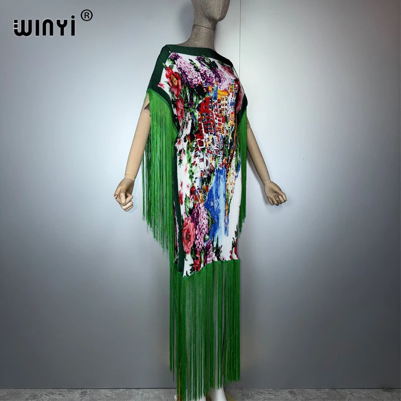 WINYI été plissé frangé maxi robe femmes froissé conception ample boho robe vacances mode robe de soirée abaya dubaï luxe