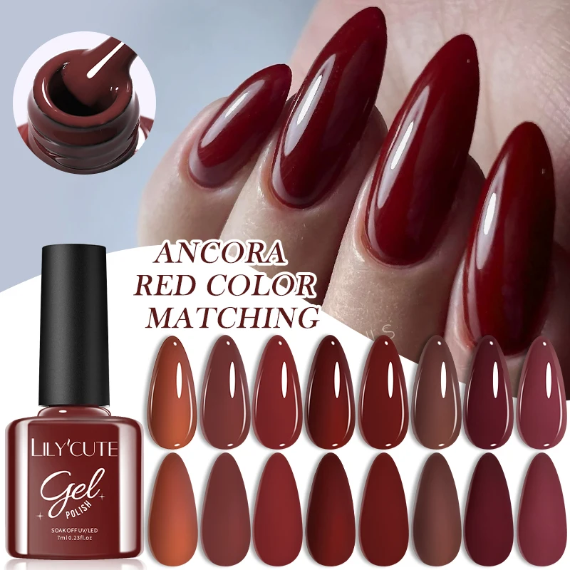 LILYCUTE-esmalte de uñas de Gel rojo vino, Gel UV semipermanente, esmalte de Gel de Color sólido, suministros para manicura, capa superior Base para manicura