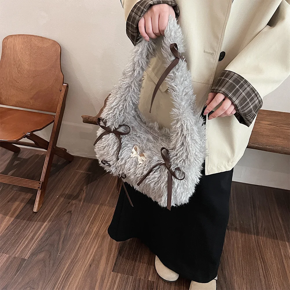 

Women Plush Shoulder Bag Bow Underarm Bag with Zipper Fluffy Purse with Interior Pocket Work Travel Bag