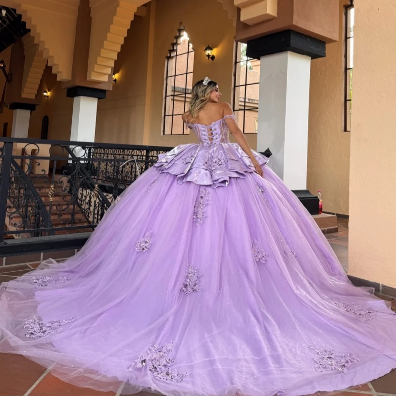 Lavender Glitter Quinceanera Dresses Off Shoulder Ball Gown Sweet 16 Dress Applique Lace Beading Crystal Tull Party Birthday Ves