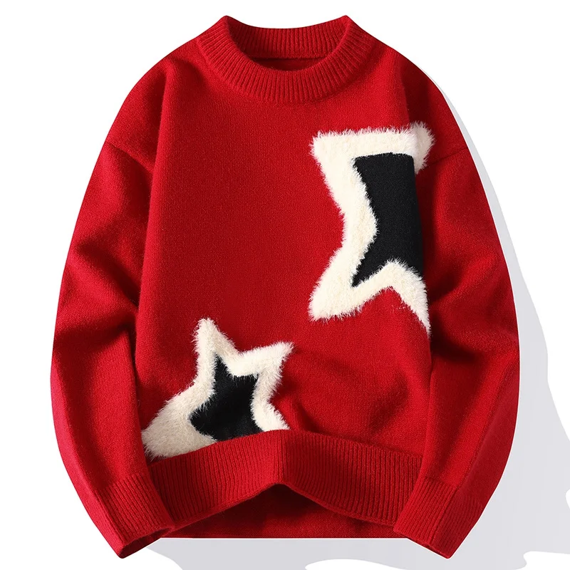 GIOIOMen's Sweater，2025Autumn and Winter New Five-Pointed Star Color-Block Crew Neck Anti-Pilling Fashion Casual Knitted Sweater