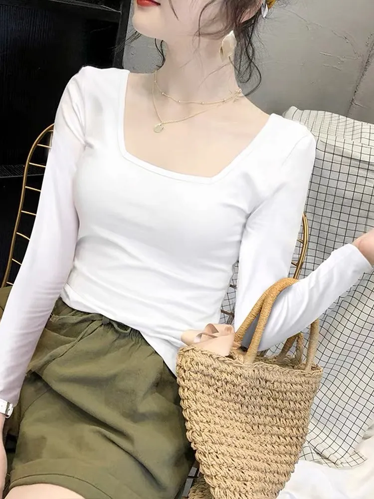 

Осенне-зимняя женская длинная футболка Sve с квадратным воротником, облегающий базовый слой, верхняя одежда, повседневная, универсальная, модная