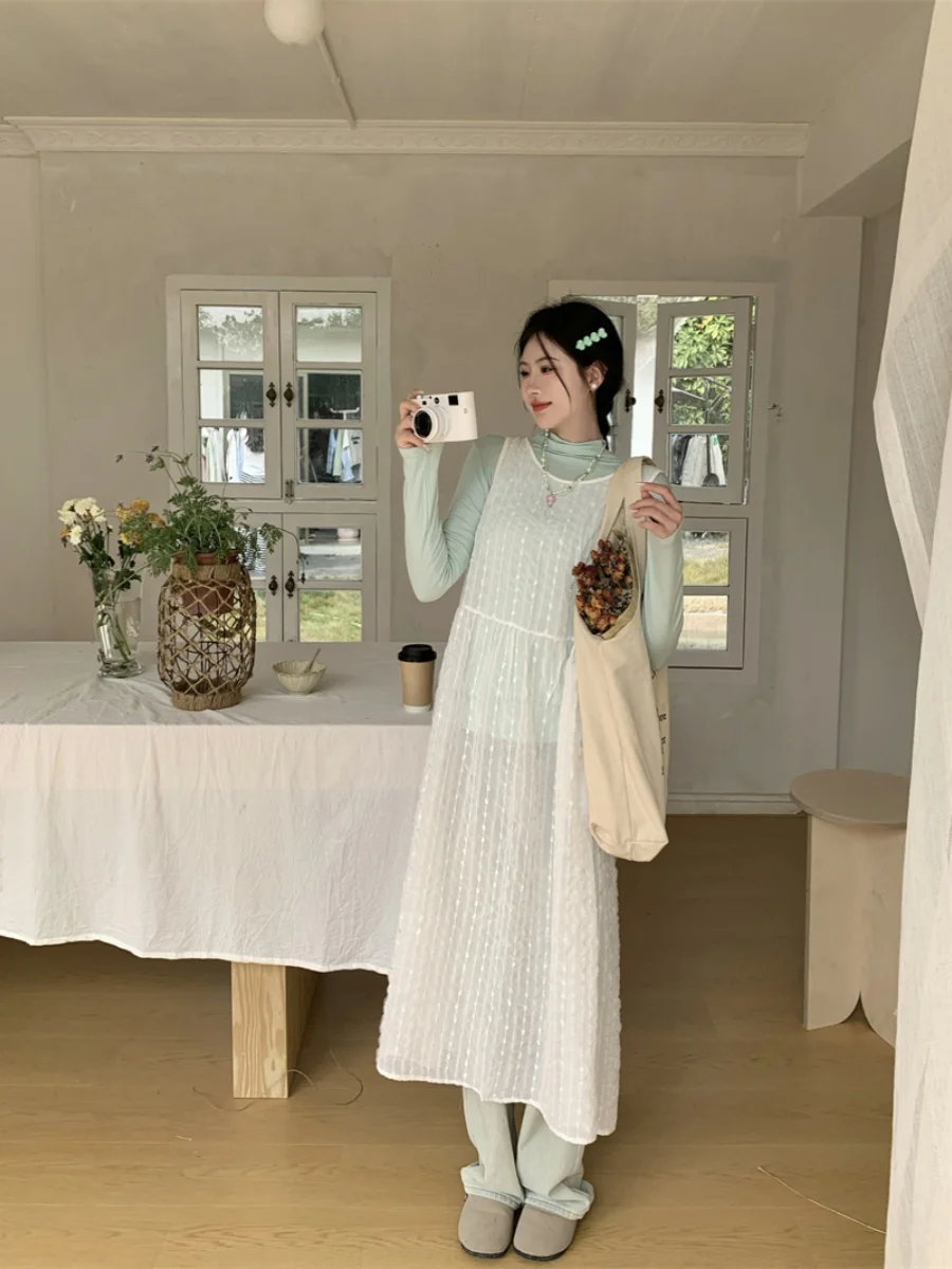 

plus Size Women's Sweet Ba Strap White Dr Long Sve Slimming Anti-Aging Autumn Winter New Sle T-irt Set Korean Sle