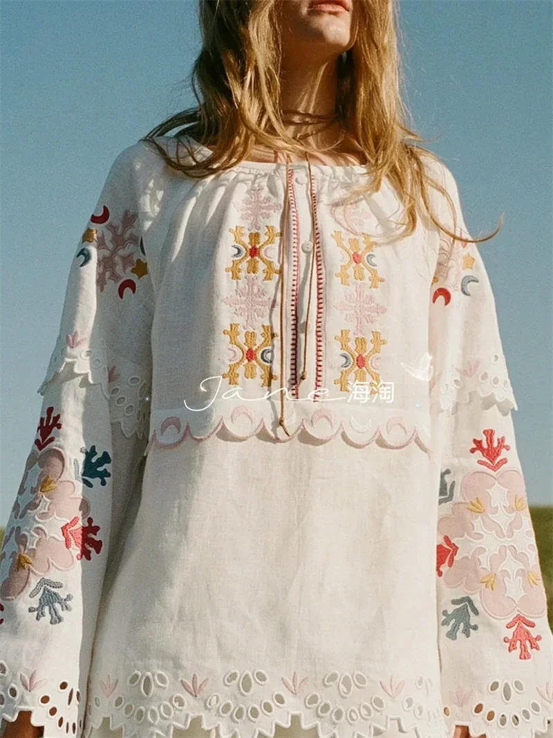 Women's Embroidered Hollow Out Blouse Flare Sleeve Round Neck with Button Ladies White Pullover Shirt Top