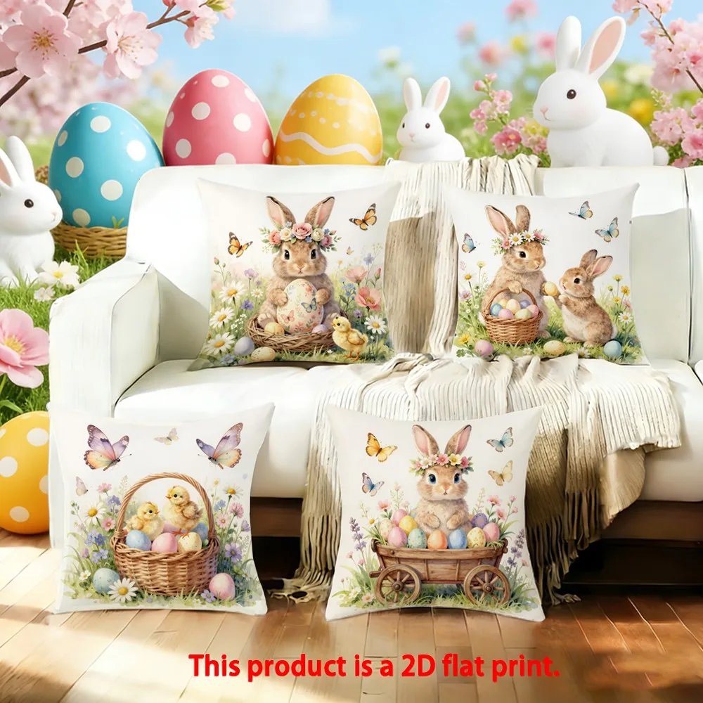 1Pc Easter Happy Throw Pillow, Cute Rabbit,Easter Egg,Plant Flowers, Double-Sided Printed Design, Soft Plush Cushion with Insert