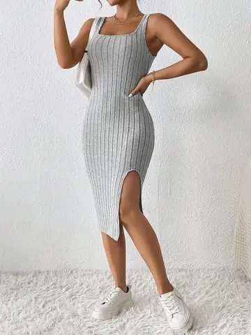 여성 여름 스타일 니트 서스펜더 드레스 레이디 민소매 스퀘어 칼라 사이드 슬릿 스커트 드레스 Vestidos