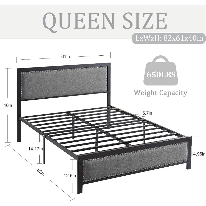 Queen Size Bed Frame with Linen Fabric Headboard and Footboard, Heavy-Duty Platform Strong Steel Slats, No Box Spring Needed