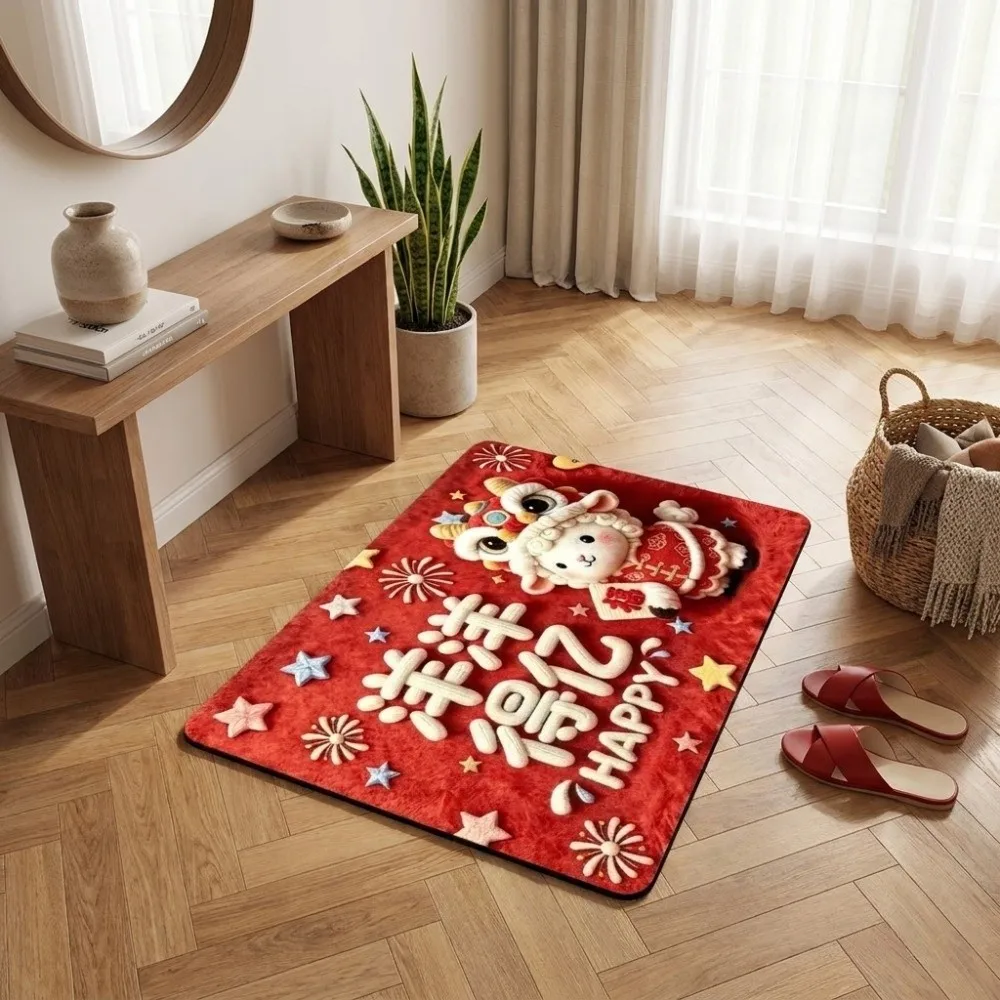 Cartoon Zodiac Goat Floor Mat Blessing Words Anti Slip 2027 Lamb Door Mat Soft Quick Dry Year of The Sheep Mat New Year