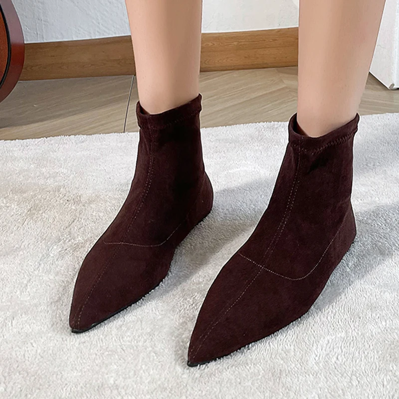 Pointed Toe Women Snow Ankle Boots Suede Flats Fashion Shoes Designer Chelsea Boots Trend New Goth Botas De Mujer