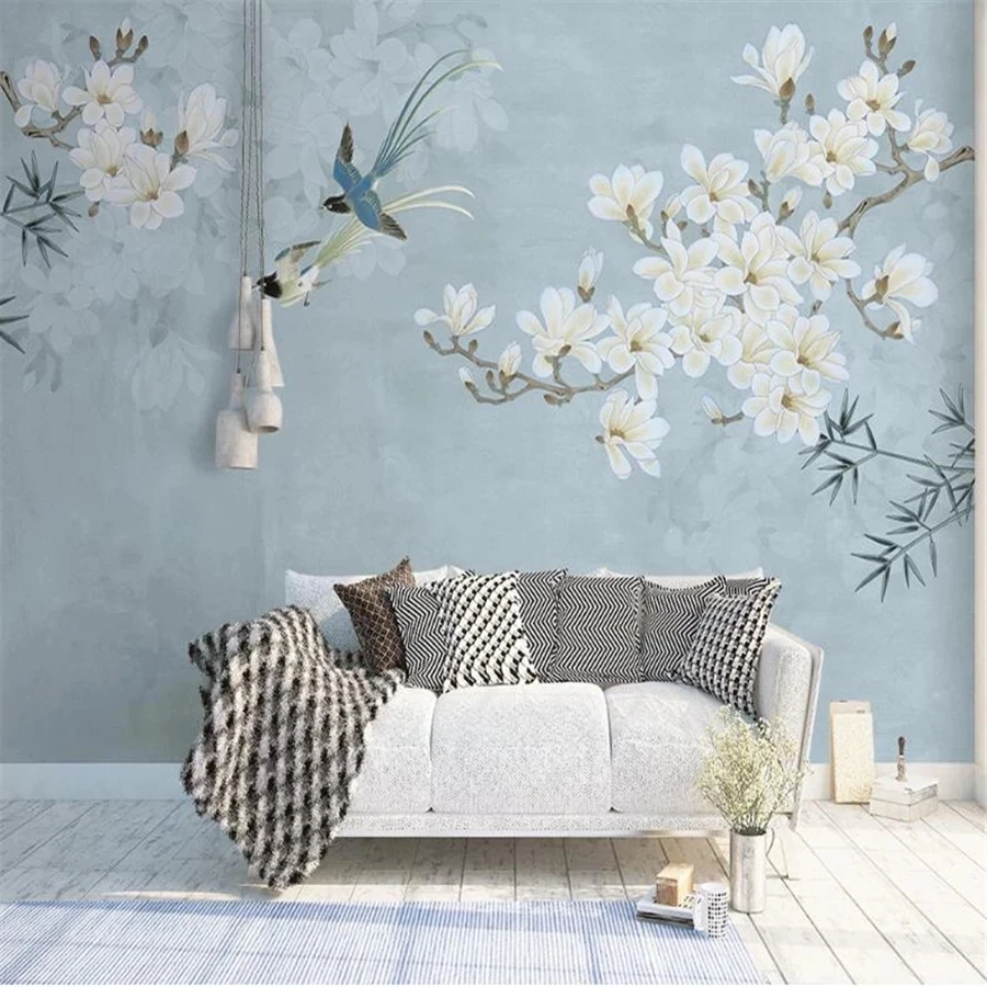 Custom wallpaper 3D Chinese magnolia bird illustration tree mural flower Living room TV background wall bedroom restaurant blue