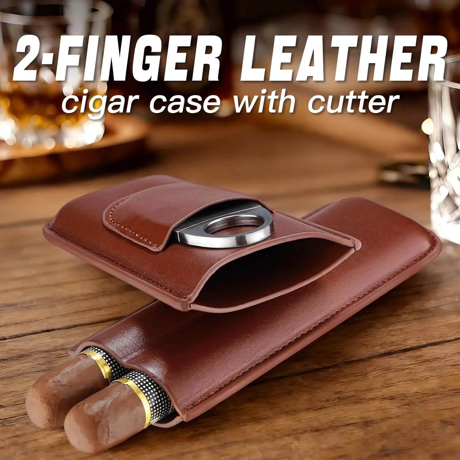 Portable 2-Finger Leather Cigar Case with Silver Cutter,Cedar Wood Lined Cigar Humidor Premium Travel Cigar Storage Holder