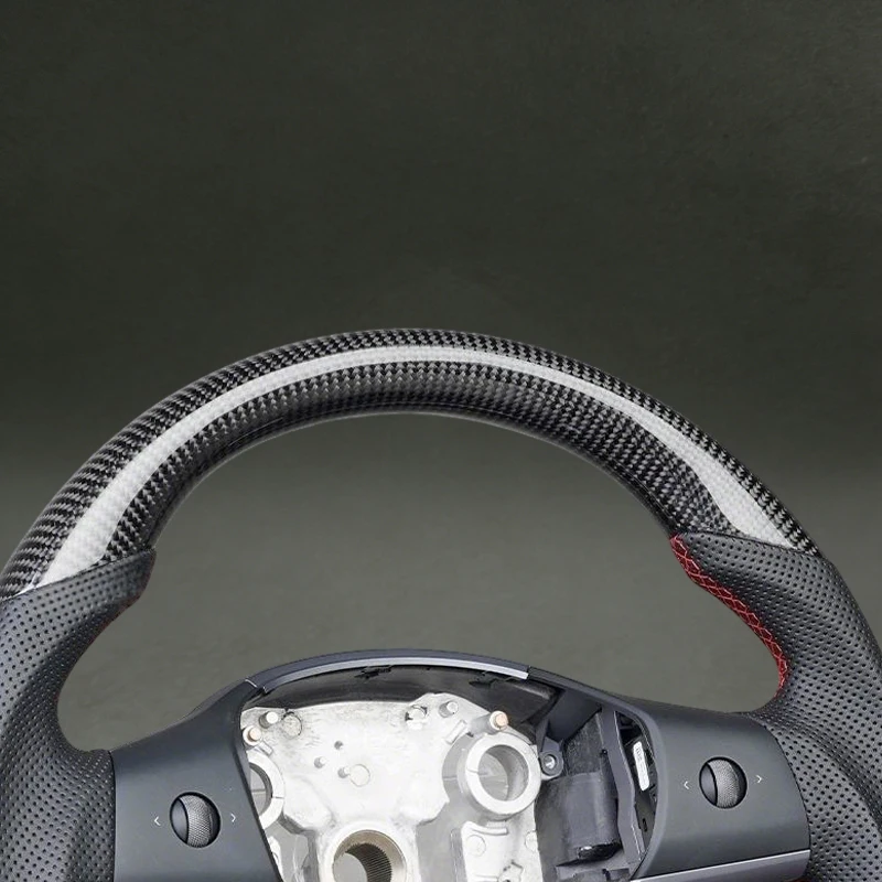 Car Parts for Tesla Model 3 Model Y 2019 2021 Steering Wheel with Red Stitching Carbon Fiber for Model 3 Model Y Flat Bottom view 5