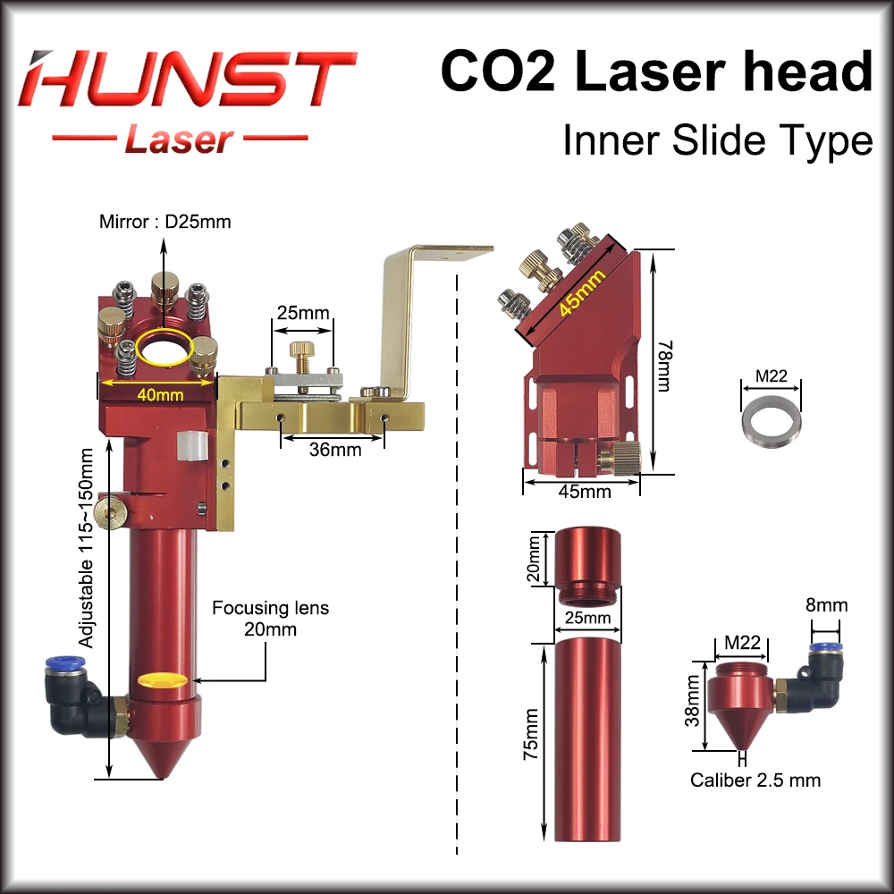 Hunst Heißer Verkaufs Inner Rutsche Typ CO2 Laser Kopf mit Luft Düse für Innere Führungsschiene Laser Schneiden Maschine Ersatzteile teile