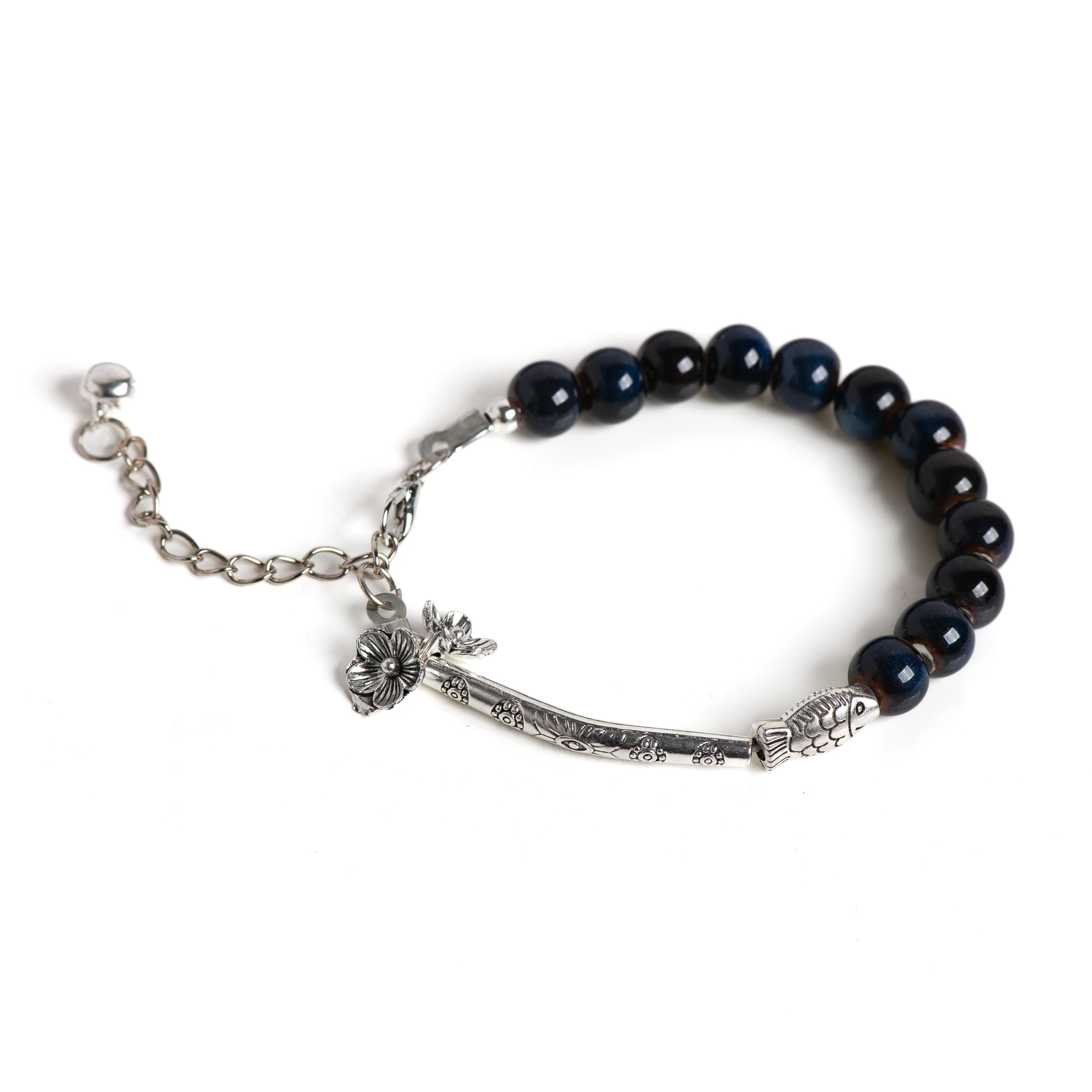 Handmade Ceramic Bead Bracelet Adjustable Chain Boho Vintage Jewelry Gemstone Blue Elegant Design