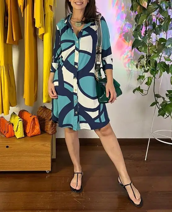 

Elegant Office Dress Women Summer 2023 Casual Printed Polo Collar Medium Sleeve Cardigan Fashion Shirt Dress Basic Vestidos