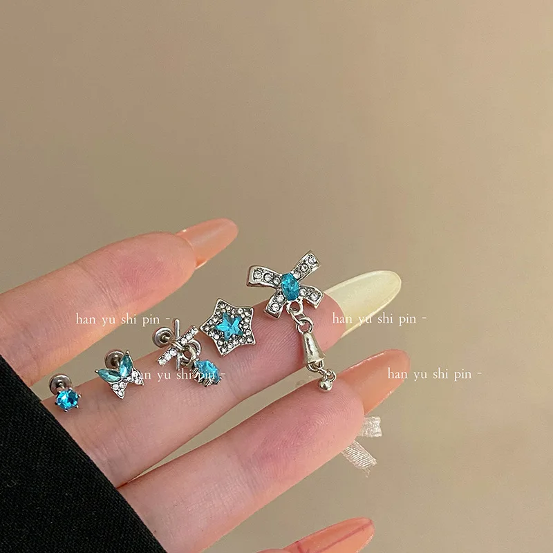 Blue Crystal Bow Pentagram Ear Bone Nail Five-piece Set Stylish and Simple Twist Screw Earrings
