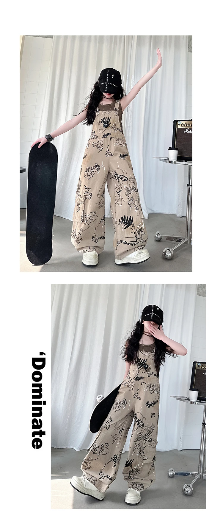 Kinder Vintage Americana Street Style Latzhose mit Zeichnungen für Mädchen, modische khaki-farbene Latzhose mit Hosenträgern. – Detail 3