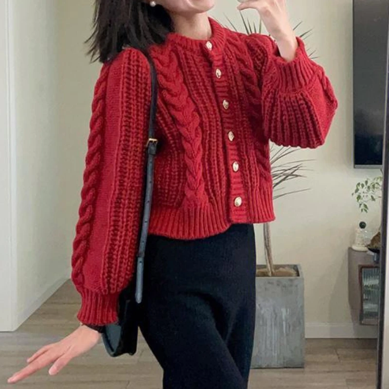 Red Sweater Vintage Chic Twist Cardigans Women Autumn Winter Cropped Knit Tops Graceful Ladies Fashion Mujer Aesthetic Clothes