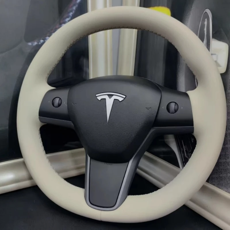 

Чехол на руль из натуральной кожи ручной работы, нескользящий, молочно-белый, для Tesla Model 3 и Model Y 2017-2021 годов