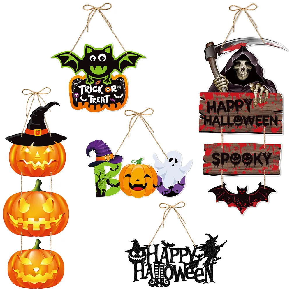 5Pcs Paper Halloween Hanging Sign Door Decor with Lanyard Pumpkin Bat Motif Festive Party Home Mall Porch Window Yard Halloween