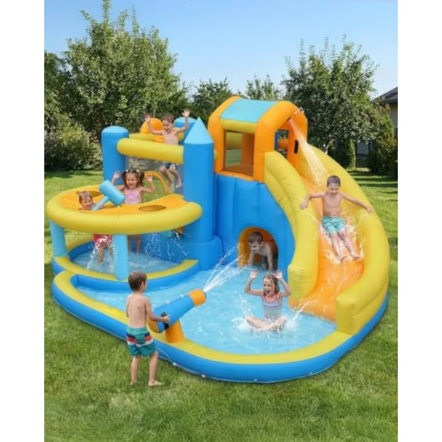 

Backyard park inflatable bounce house with whack-a-mole game PVC material blue and red includes curved slide basketball rim cra
