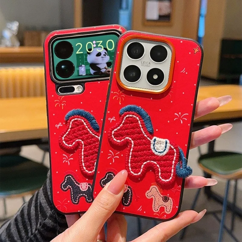 

Festive Simple Red Phone Case for Xiaomi 17 15 14 Ultra/17 Pro Max wih Back Embroidered Pony
