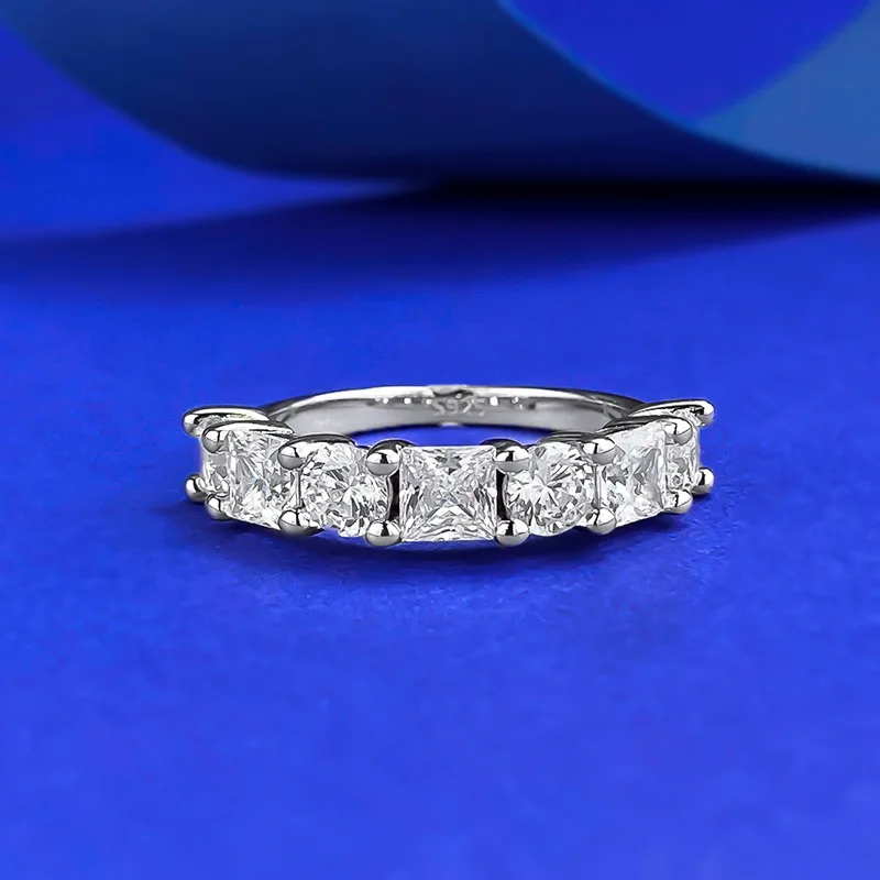 

925 Sterling Silver Wedding Bands Cubic Zirconia Stackable Square Round 7 Stone Prong Setting Ring