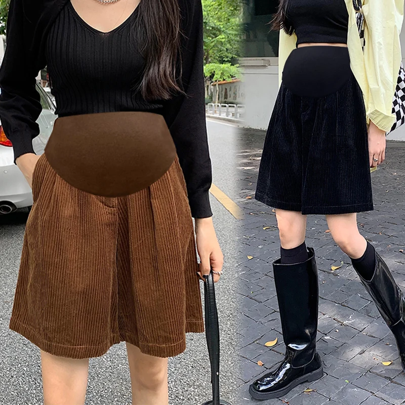 

2025 New Autumn/Winter Maternity Corduroy Bootcut Capris - Fashionable Casual Vintage Style Loose Fit Shorts for Pregnant Women
