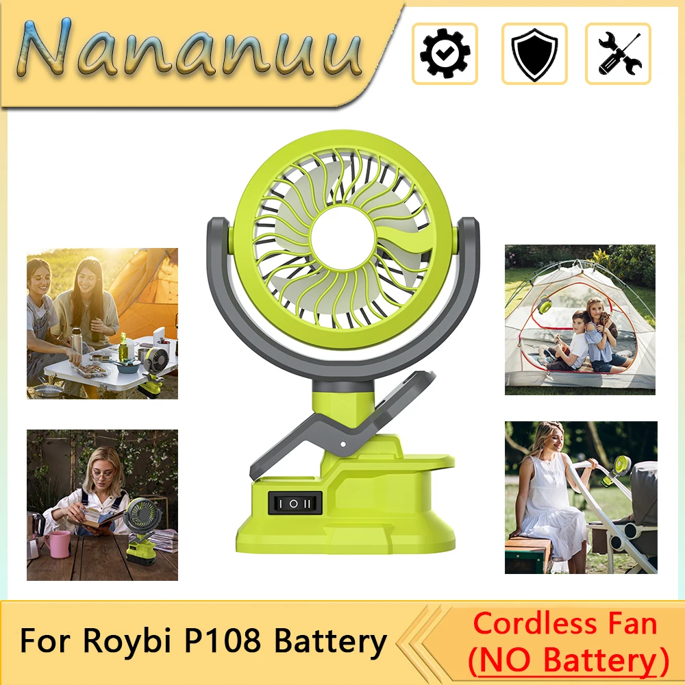 Nananuu Cordless Fan For Ryobi P108 18V Battery Portable Wireless fan Fan Light 2 in 1 Suitable Various Scenarios (NO Battery)