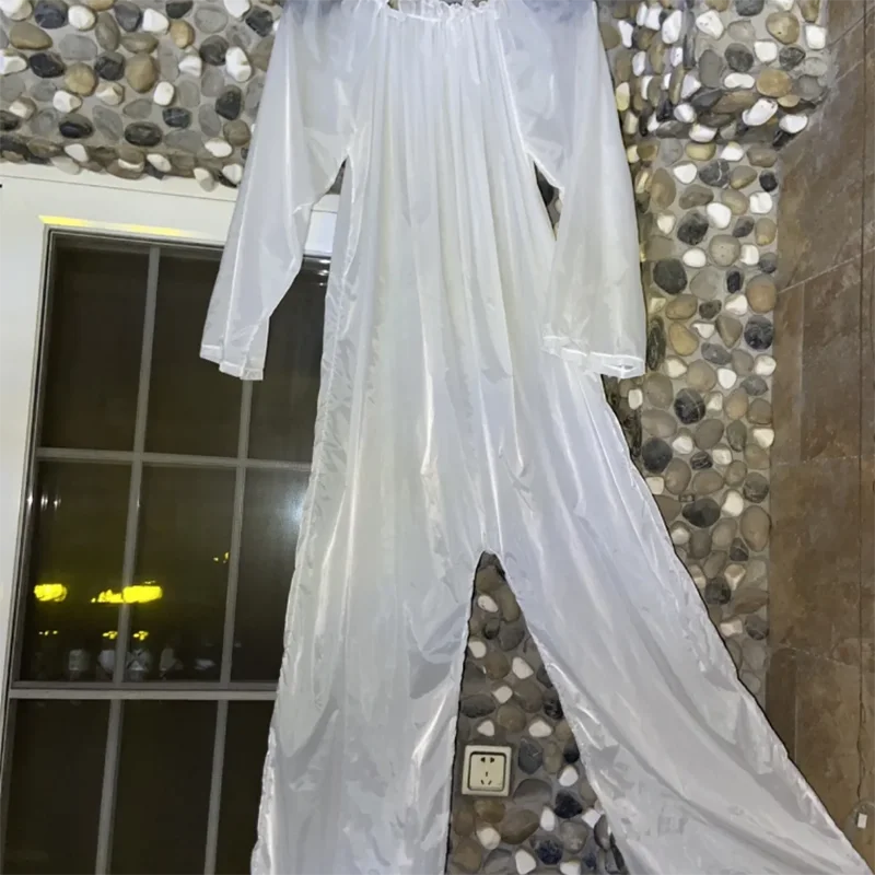 

See Through Glossy Men Women Erotic Jumpsuit Soft Silky Touch Long Sleeve Ruffled Loose Wide Leg Pant Pajamas Bodysuit Plus Size