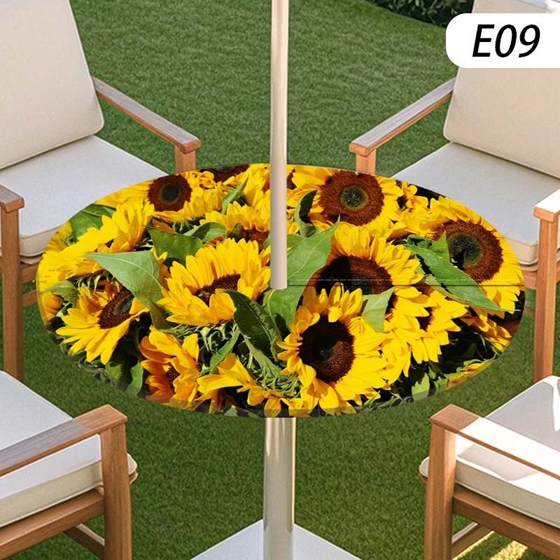 Outdoor Umbrella Hole Round Table Cloth Elastic Fitted Table Cover Waterproof Dining Picnic Camping Courtyard Tablecloth