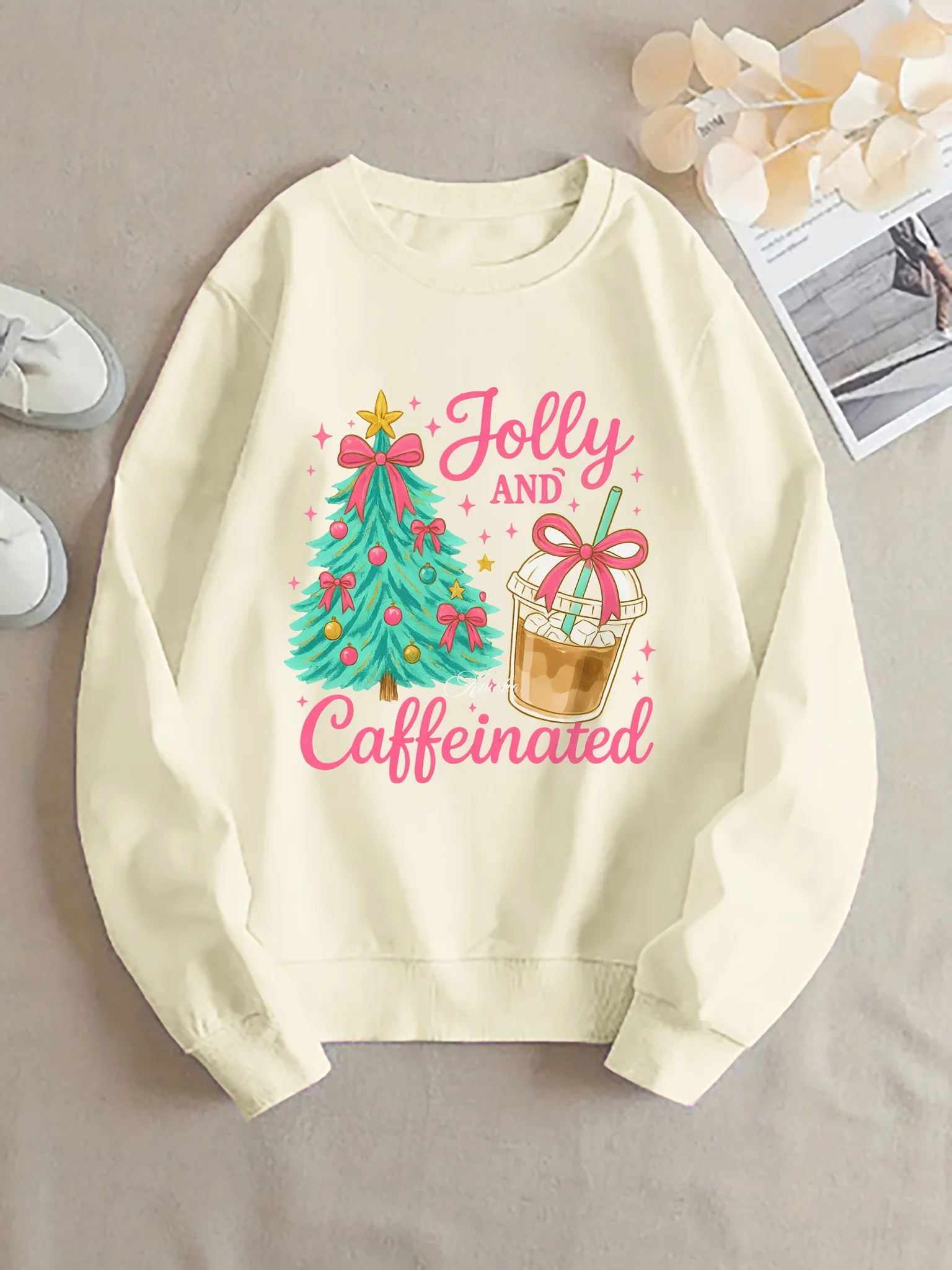 Plus Size, Oversized Sweatshirt with Round-Collar for Women-Light Yellow Christmas Tree Graphic and Coffee Cup with Slogan