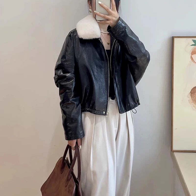 سترة جلدية حقيقية جديد الشتاء النساء الخضار دباغة النفط الشمع جلد الغنم الرباط فرو المنك طوق القهوة قصيرة أوزة أسفل معطف #6