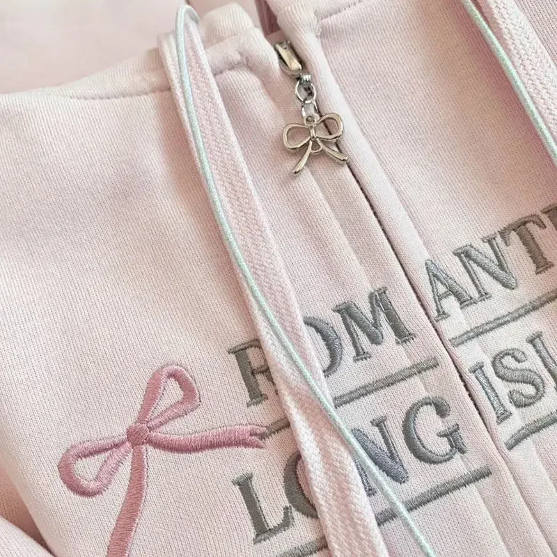 Korean Girl Sleeve Bow Design Sense Spring Loose Hooded Zipper Cardigan Sweater Lantern Sleeve Coat Embroidered Pink Bow Coat.