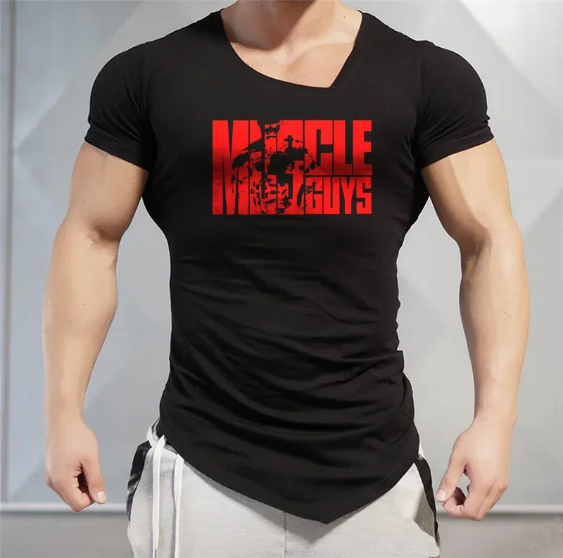 Muscleguys Brand Letters print Mens T-Shirts Fitness gyms Clothing Workout V neck TShirt Cotton Bodybuilding T Shirt Men