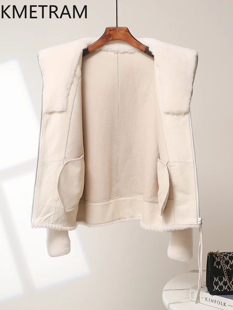 100% laine mérinos naturelle peau de mouton Double face fourrure veste femme col bleu marine réel manteau de fourrure femmes vêtements d'hiver 2025 Fourrure