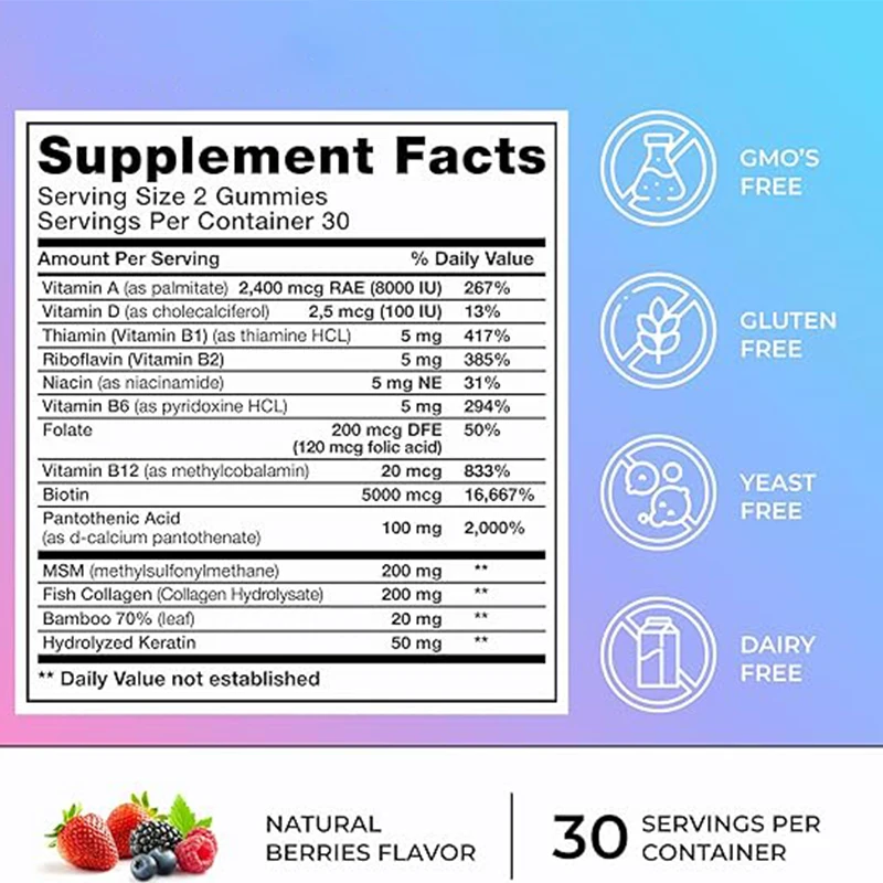 Biotina collagene Gummies-vitamine per la crescita dei capelli: B1 B2, B3, B5, B7, B9, B12, collagene, cheratina, vitamina A e D-60 capsule