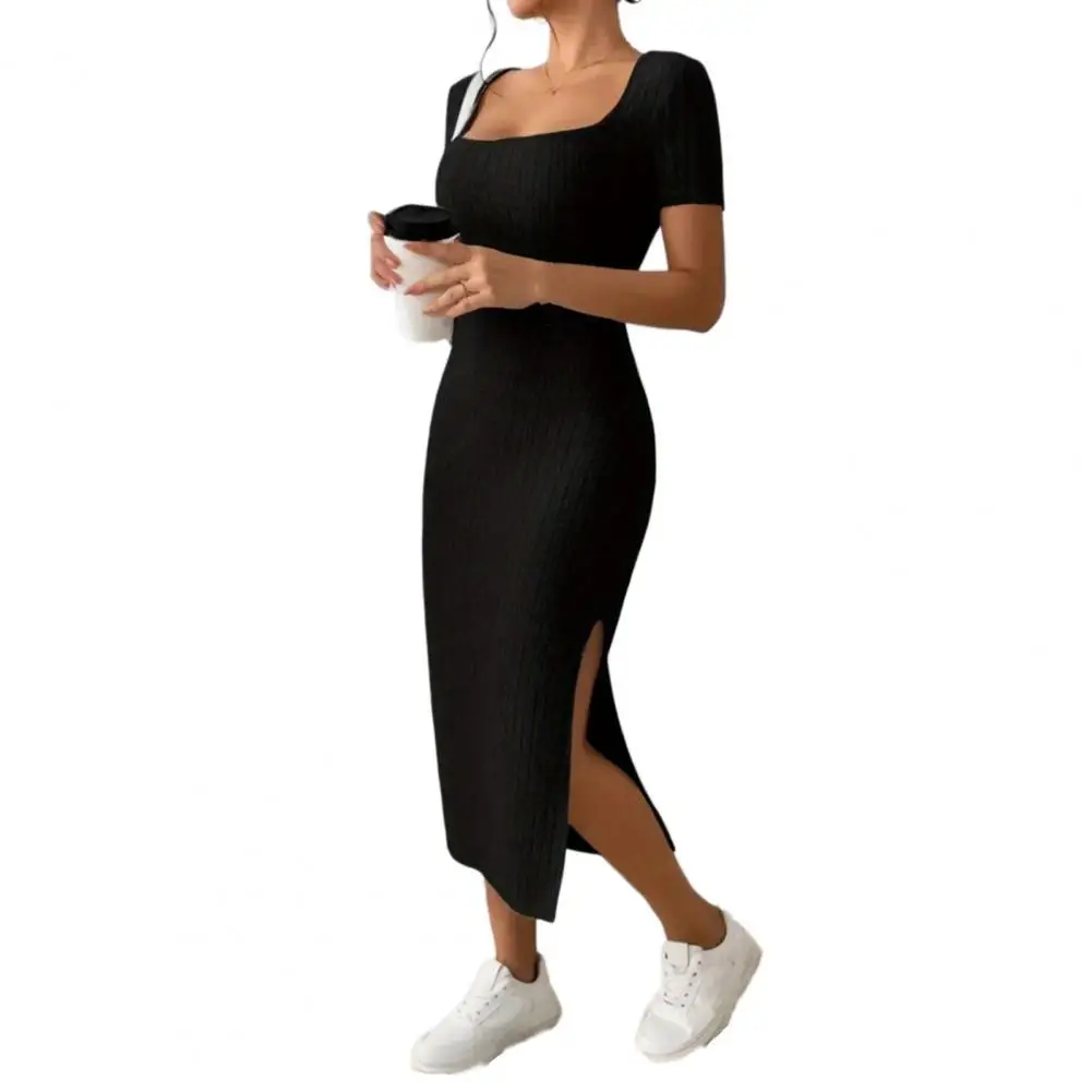 Summer Hip-covering Slit Dress Elegant T-shaped Silhouette Dress Elegant Square Neck Knitted Midi Dress for Women Solid Color